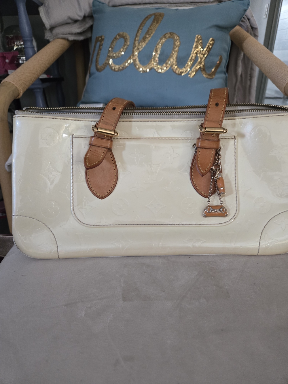 Louis Vuitton Vernis Cream Patent Leather Satchel Tan Trim with matching wallet